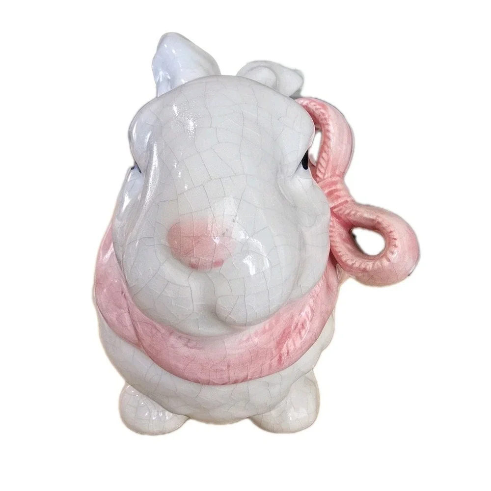 VTG Lot 2 white crackle glaze ceramic bunny pink bow Kitsch Easter Spring Size L
